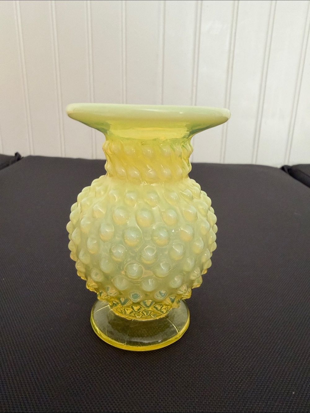 Fenton Uranium Vaseline Yellow Hobnail Glass Vase
